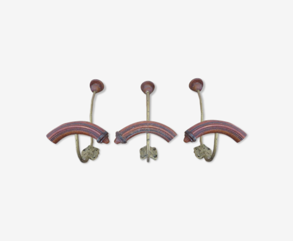 Série de 3 patères en bois et métal, bistrot, années 30/40
