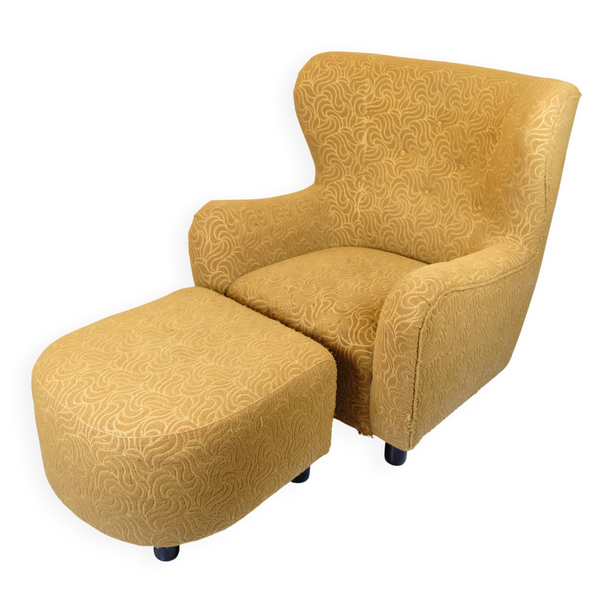 Armchair with ottoman - Over-upholstered - Patterned yellow fabric - Black legs - Danish design - 1940s style