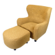 Armchair with ottoman - Over-upholstered - Patterned yellow fabric - Black legs - Danish design - 1940s style
