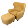 Armchair with ottoman - Over-upholstered - Patterned yellow fabric - Black legs - Danish design - 1940s style