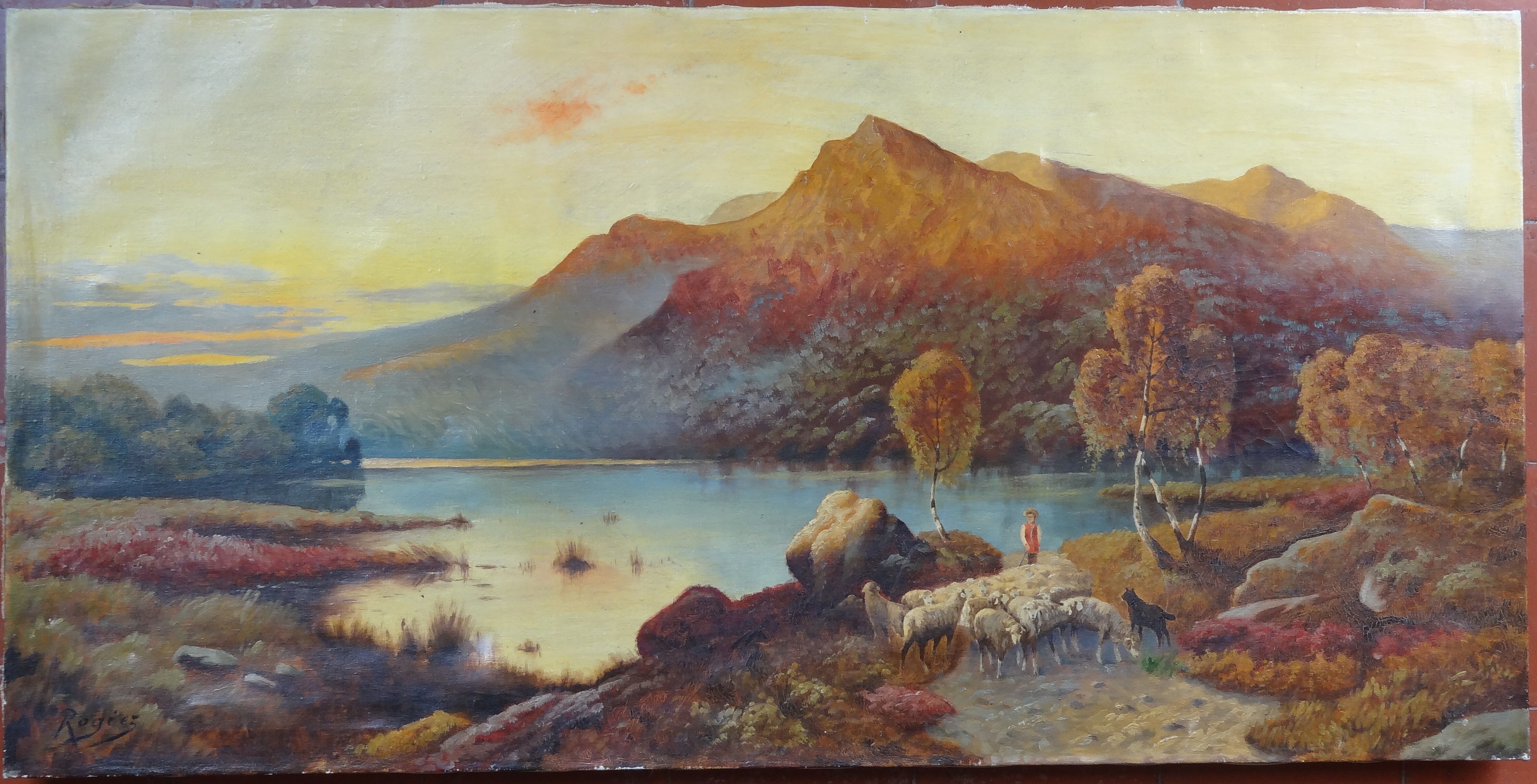 Oil on canvas Animated landscape by the lake at dusk 120 x 60 cm signed Rogiez