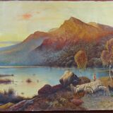 Oil on canvas Animated landscape by the lake at dusk 120 x 60 cm signed Rogiez