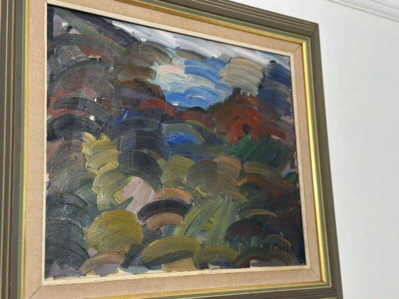 Original mid-century Swedish oil on canvas – “Scene” by Gösta Falck – vintage & framed – 73 × 64 cm