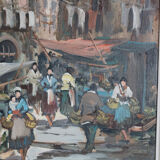 Oil on canvas Neapolitan market scene of the 50s