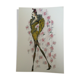 Emanuel Ungaro: fashion illustration technical mixed on cardstock from the 80s