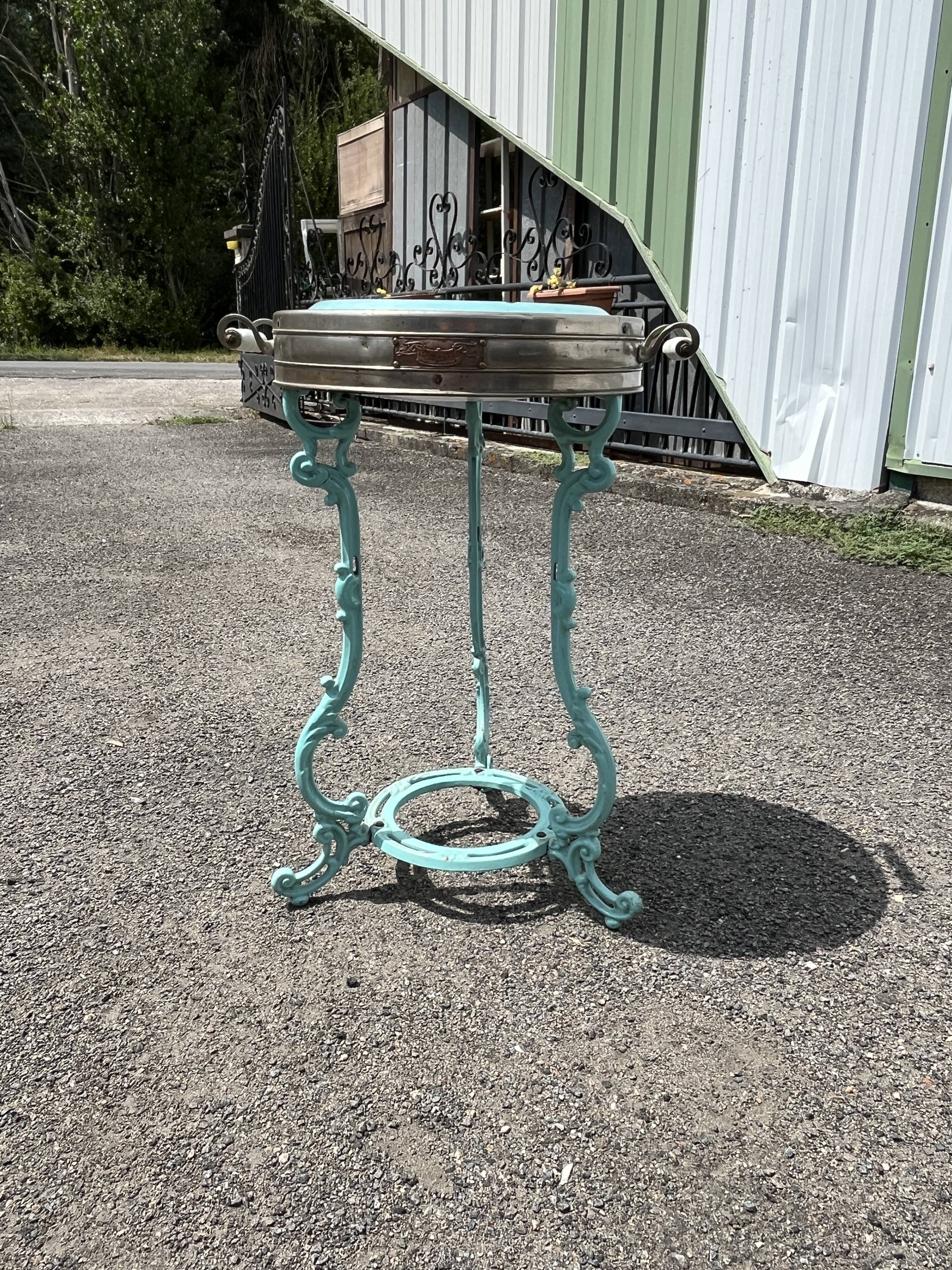 Antique bistro heating table "Le Coquet", enamelled tray, piece by piece.