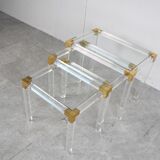 Set of 3 lucite and brass nesting tables, 1970s