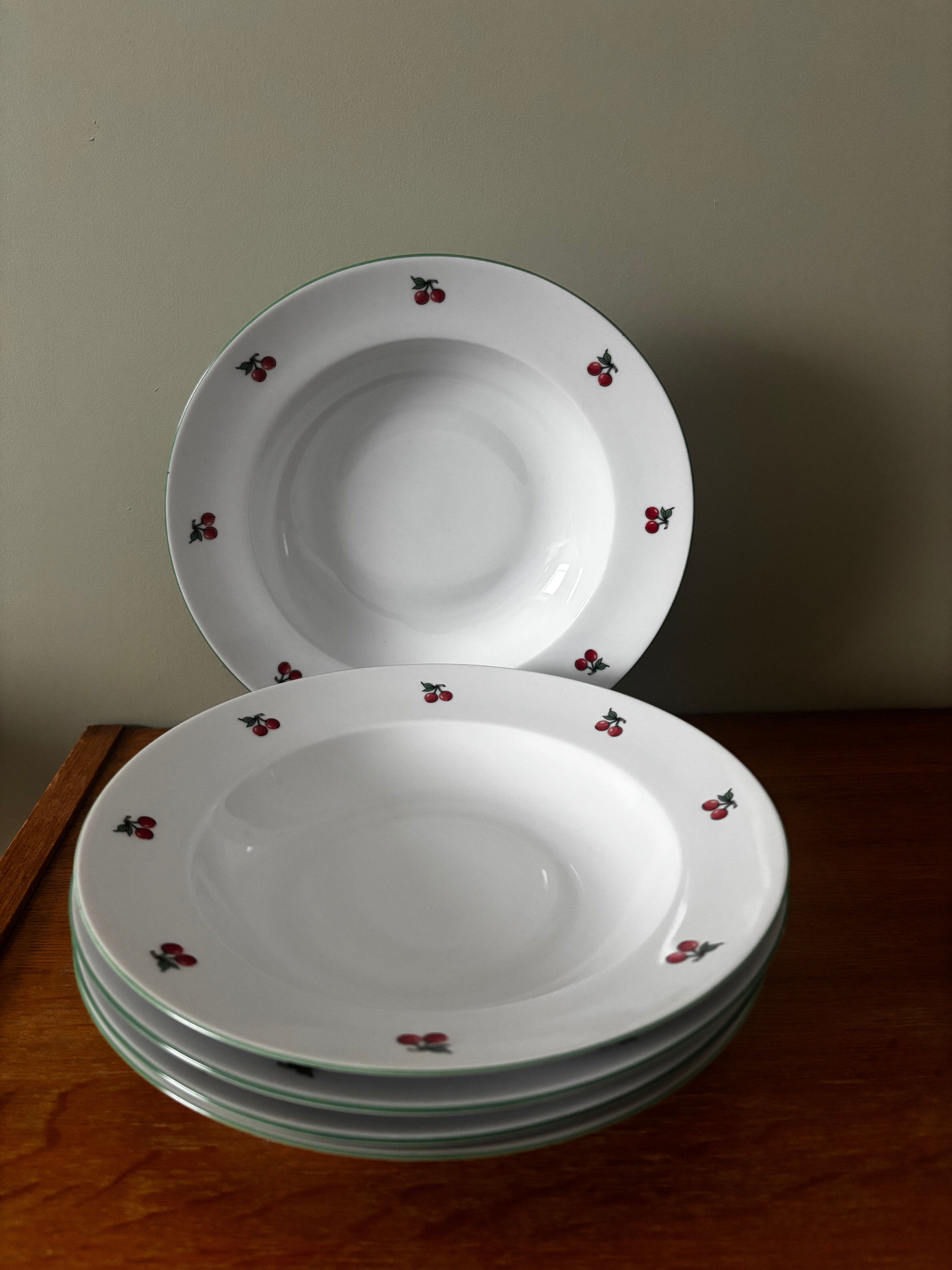 Set of 5 deep porcelain plates in cherry table colours.