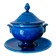 Blue ceramic soup tureen and crackled finish trivet.
