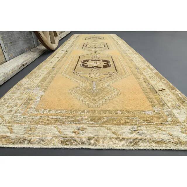 1970s Turkish Oushak Handmade Wool Cotton Orange Runner 109x337