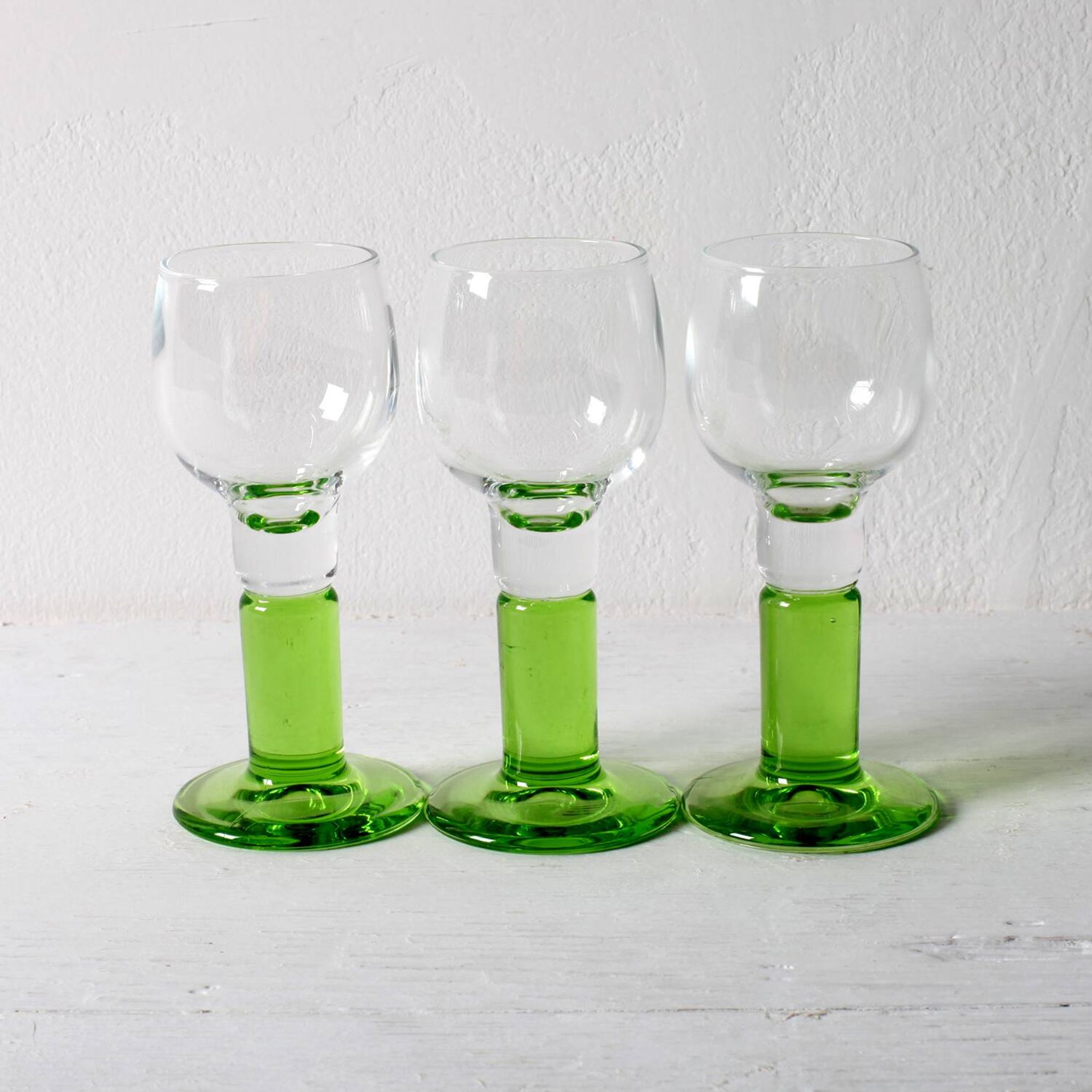 Set of 3 Vintage Limoncino Liqueur Glasses, Green Stem Shot Stemware / 1970