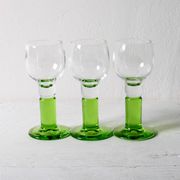 Set of 3 Vintage Limoncino Liqueur Glasses, Green Stem Shot Stemware / 1970