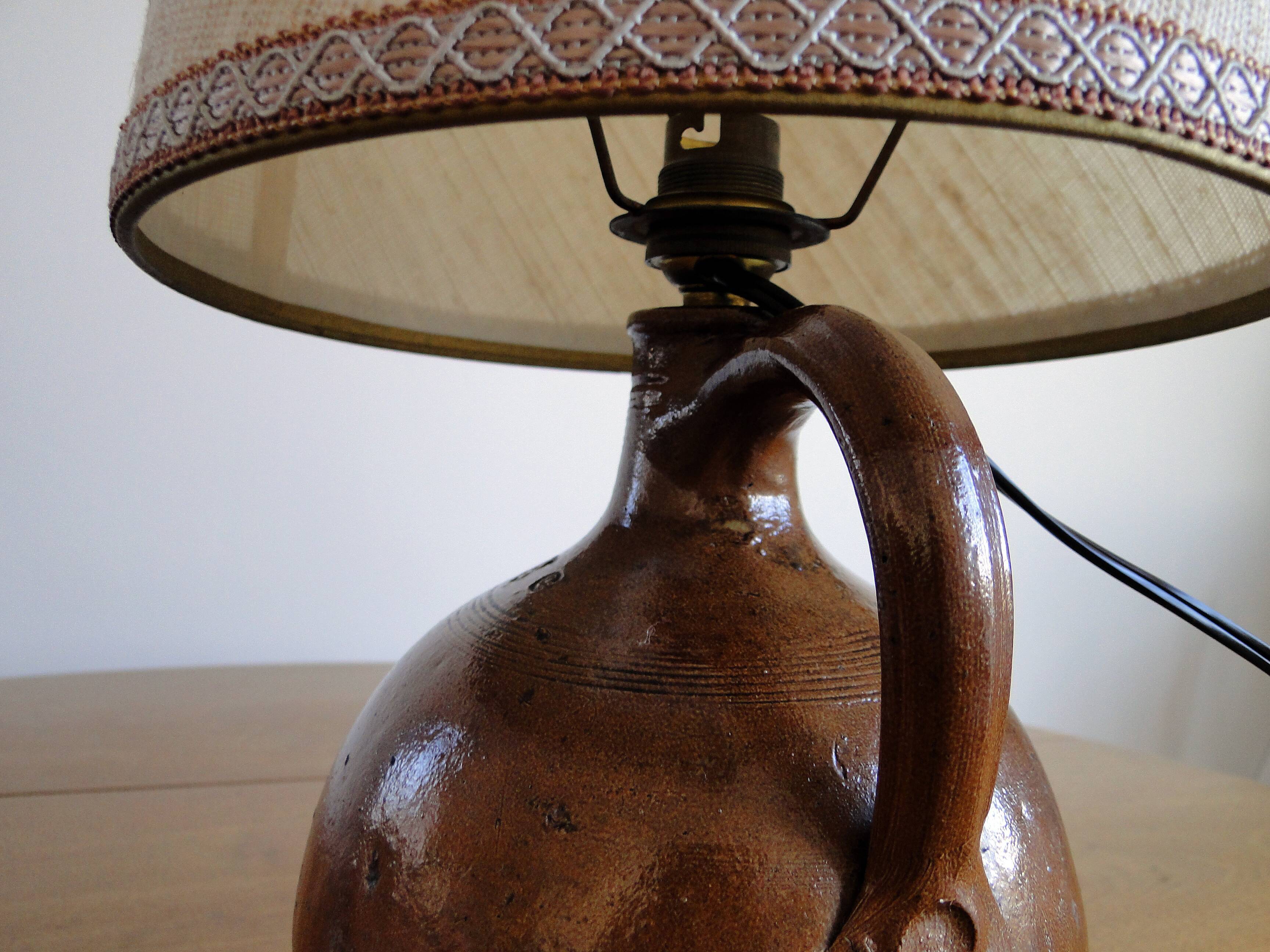 Vintage lamp 60s/70s foot glazed stoneware lampshade woven linen