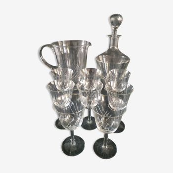 Service en verre broc + carafe + 8 verres à pieds ciselés  vintage