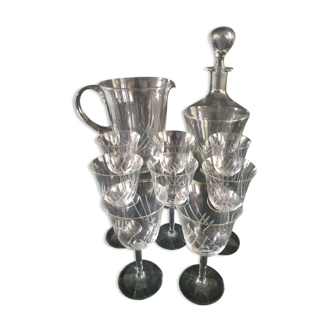 Service en verre broc + carafe + 8 verres à pieds ciselés  vintage