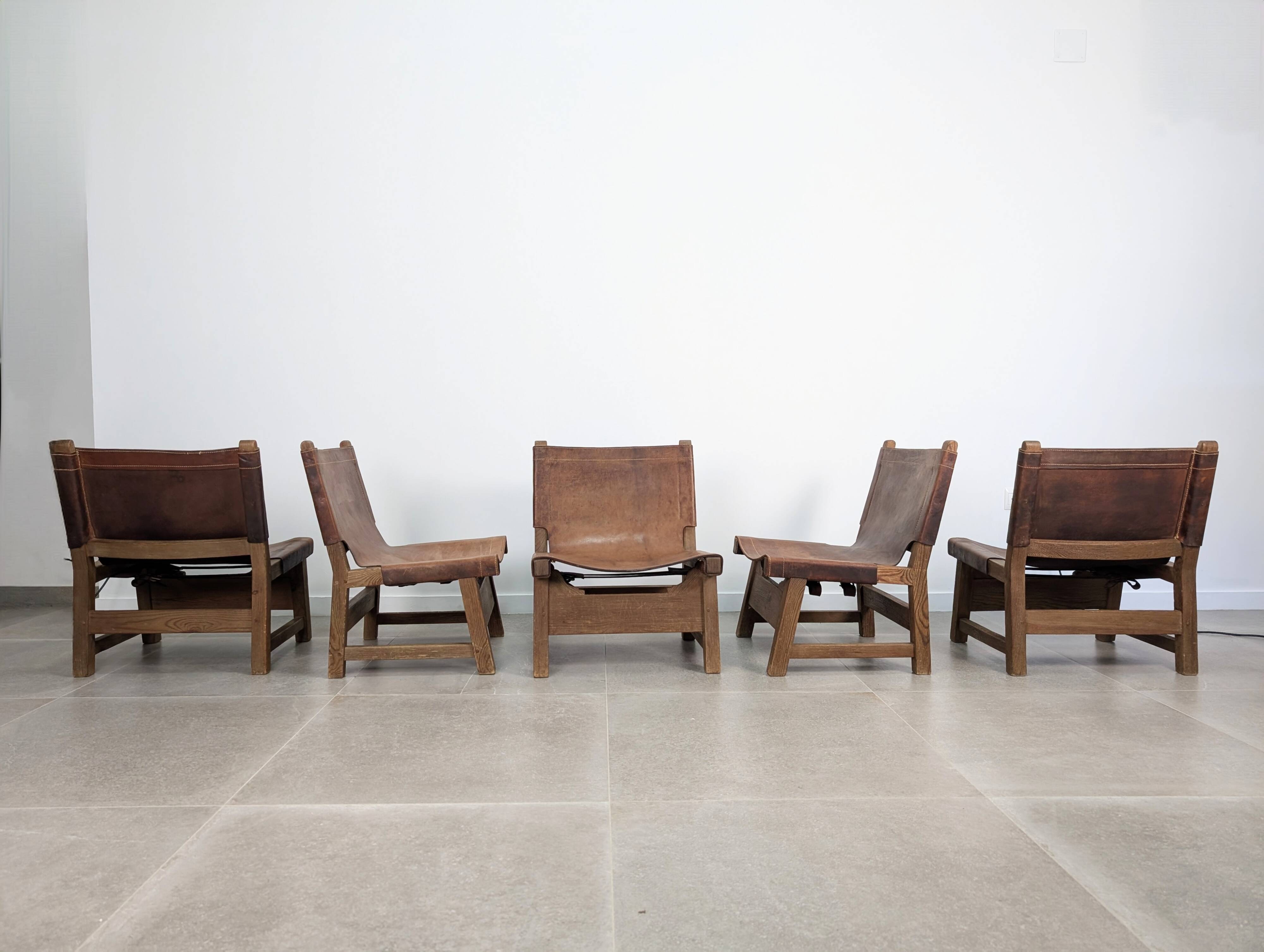Set of 5 Spanish Leather and Oak Chairs