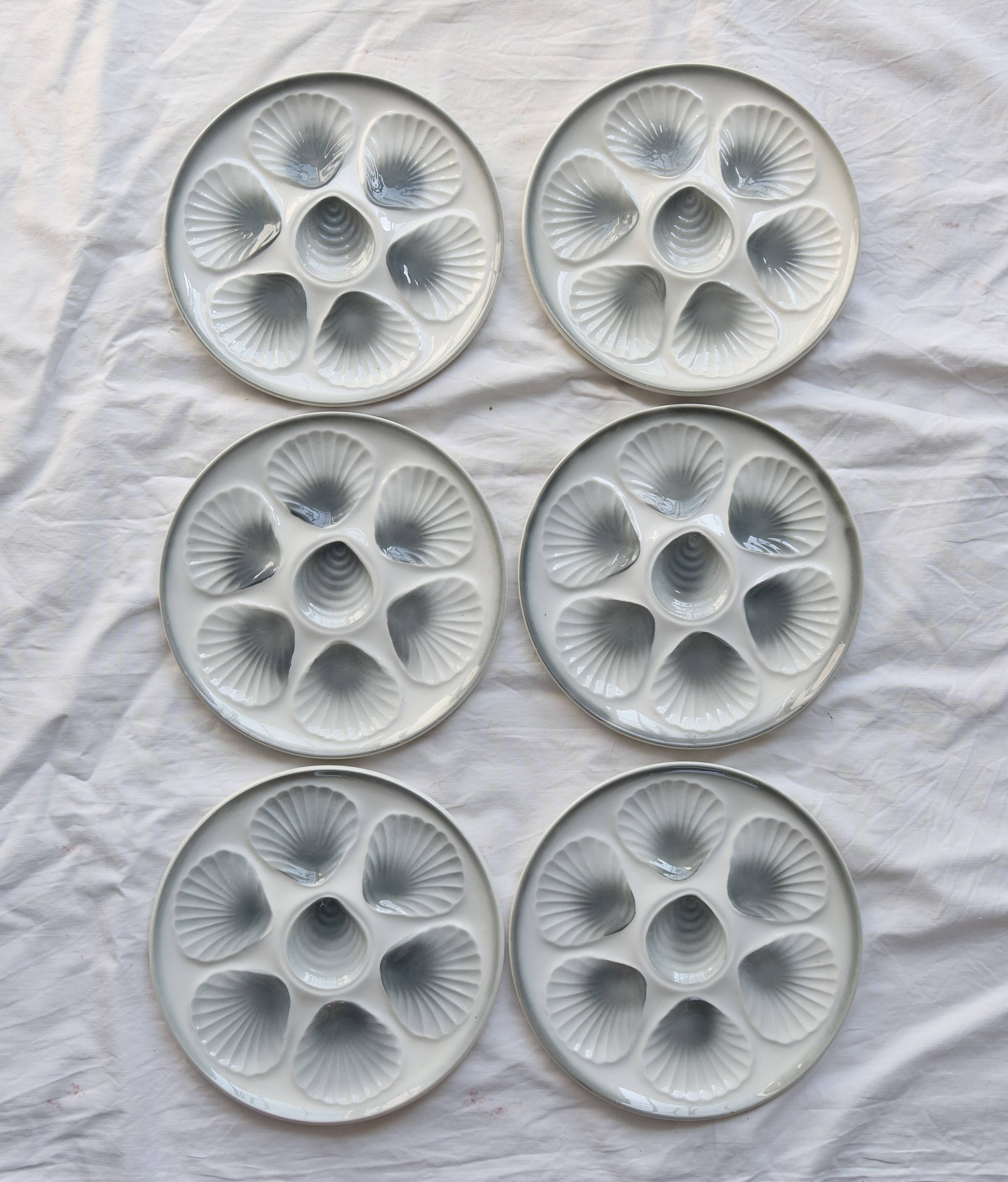 6 vintage Moulin des Loups earthenware oyster plates in shades of blue and grey
