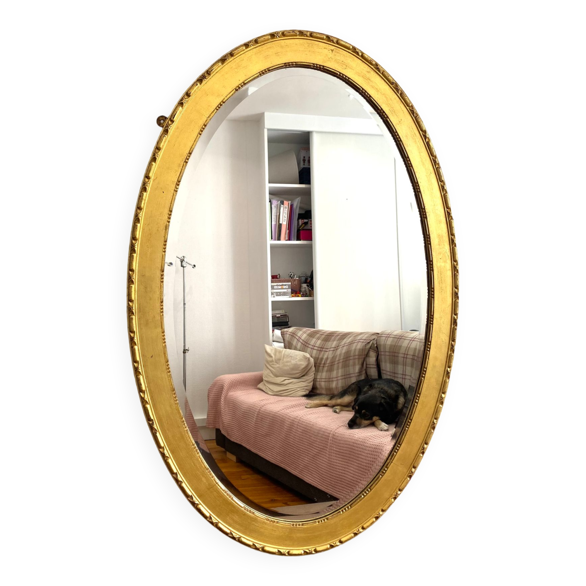 XXth oval mirror, gilded wood trumeau, beveled ice, vintage medallion mirror