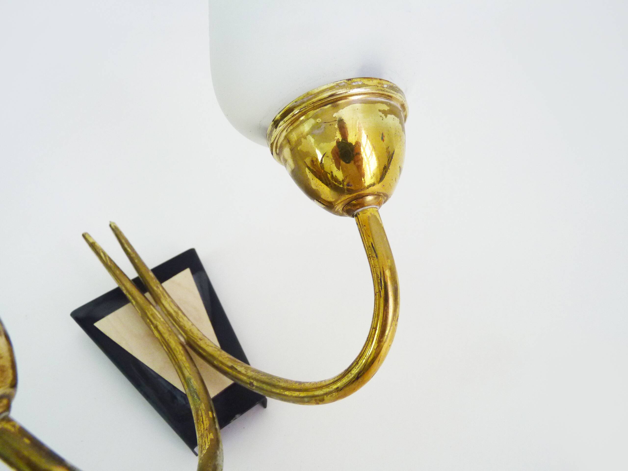 Pair of brass wall lights with double white tube lights. 70s