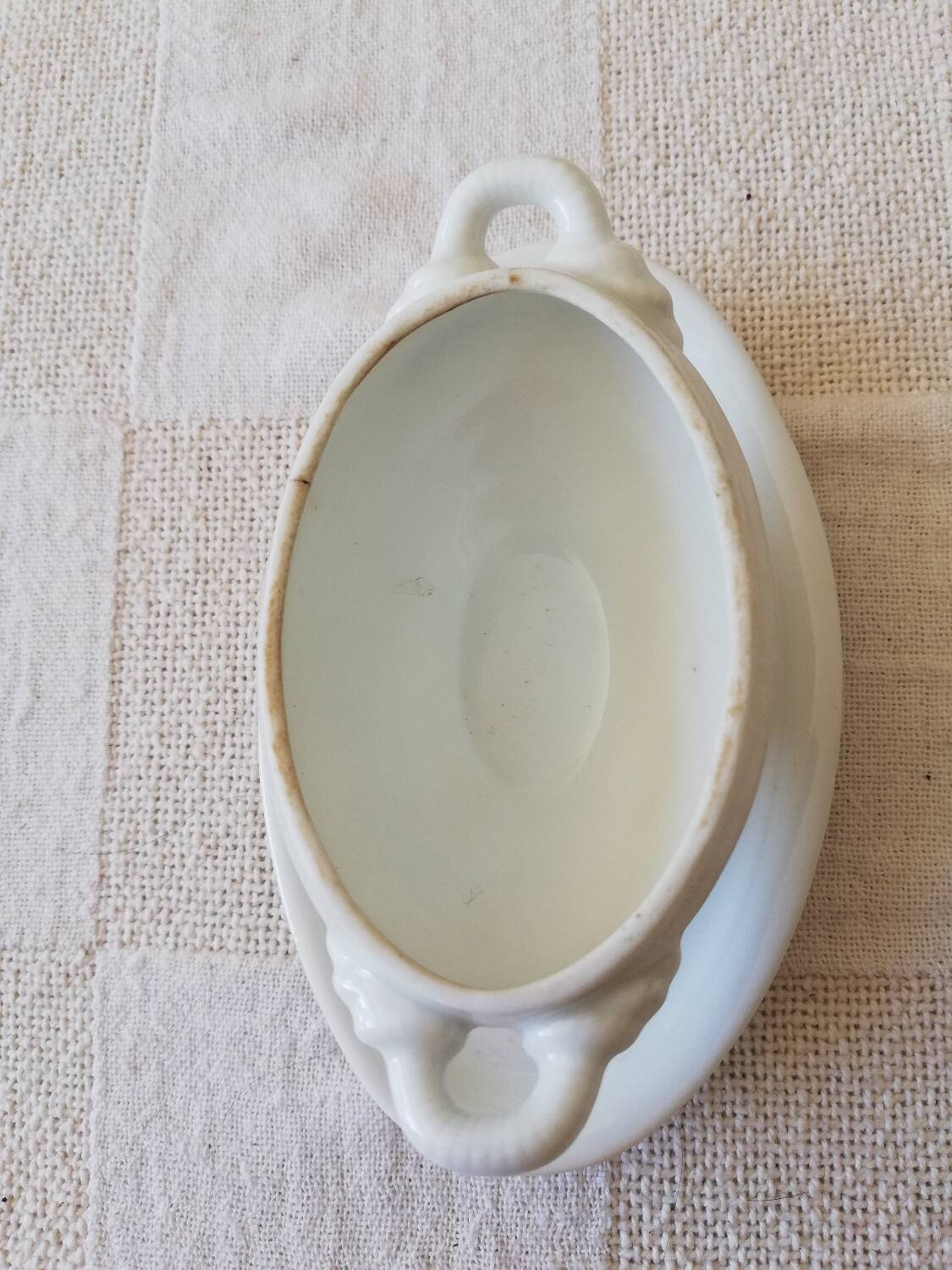 Vintage white earthenware mustard pot or sauce boat.