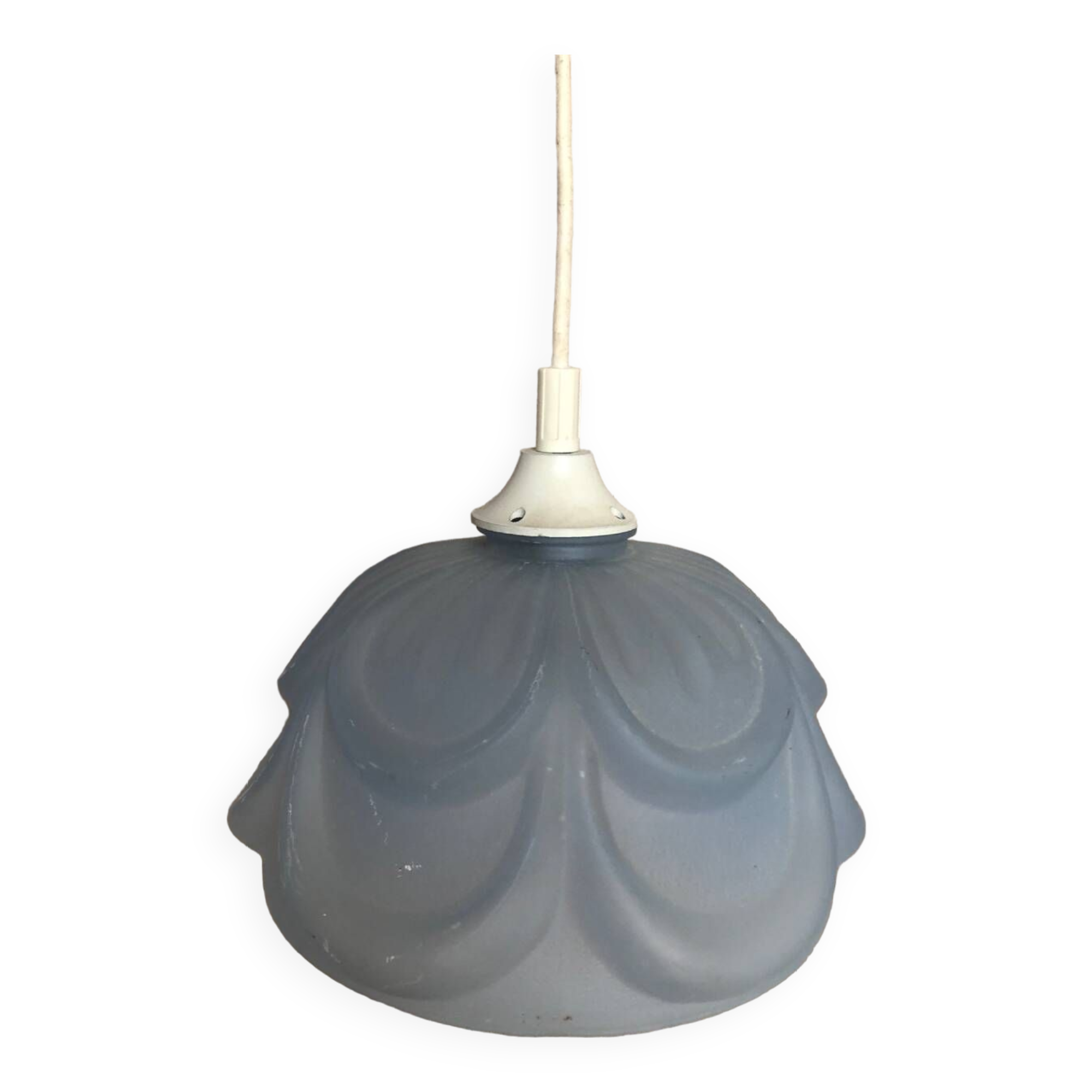 Ancienne Suspension Verre Moulé Bleu + Douille Vis Vintage #A708