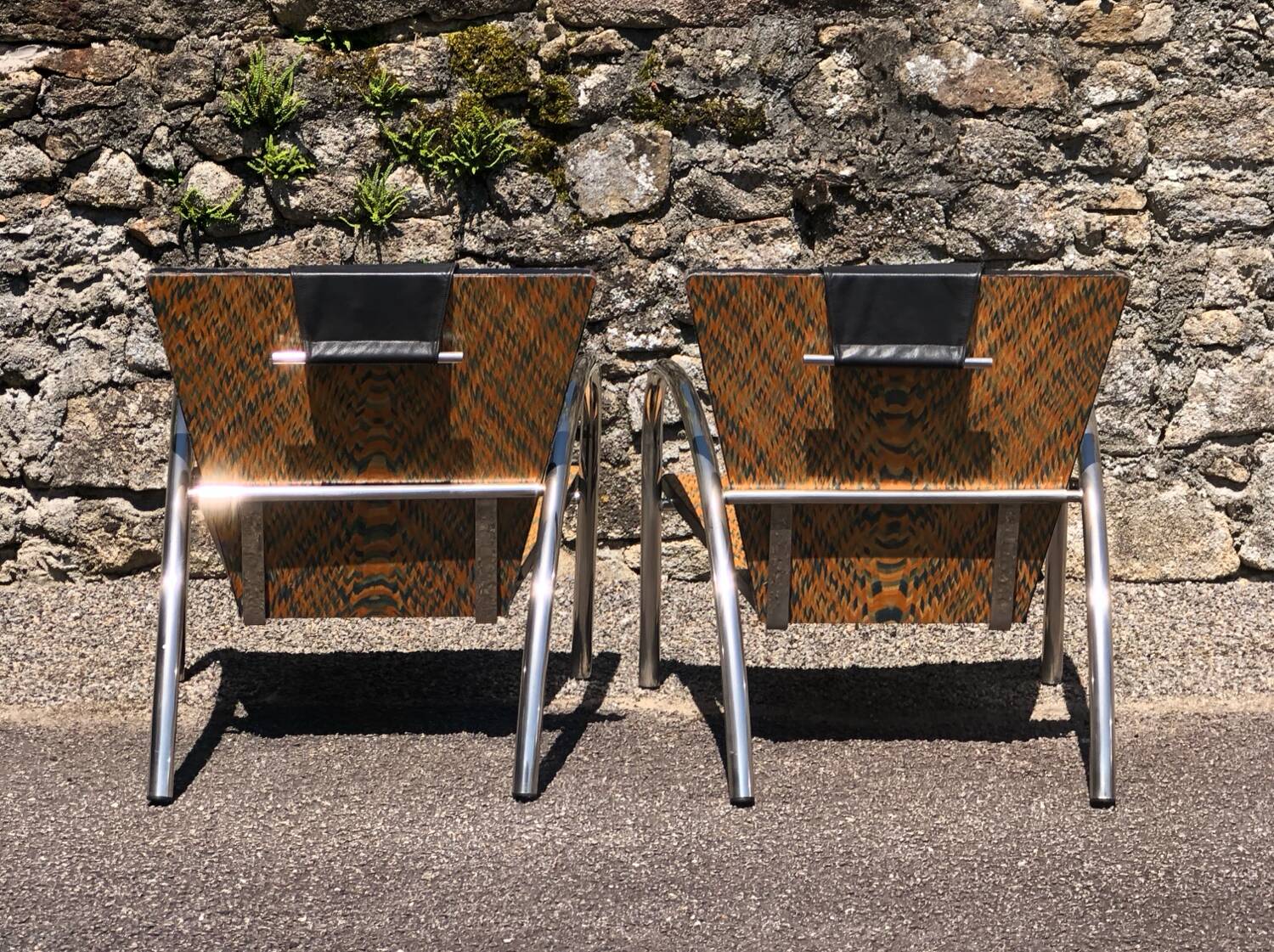 Pair of 2 atypical armchairs wood, chrome and leather vintage 1980