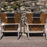 Pair of 2 atypical armchairs wood, chrome and leather vintage 1980