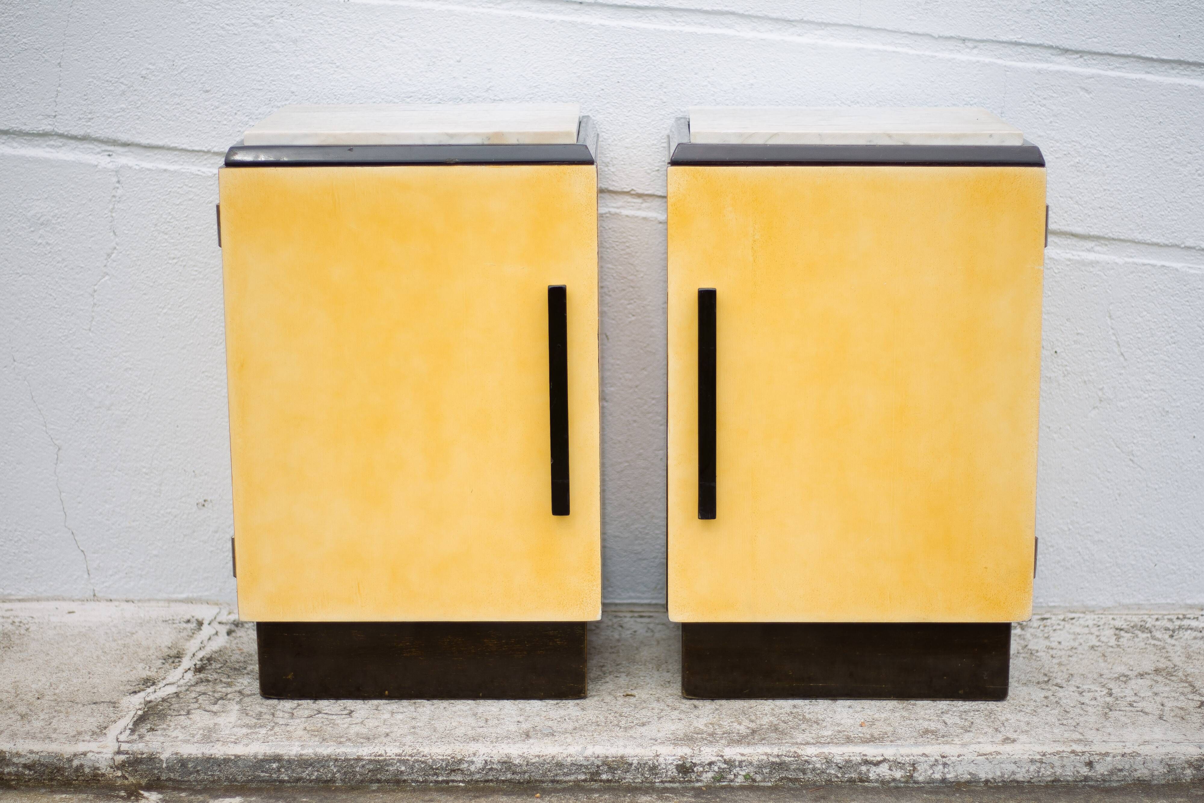 Pair of lacquered wood nightstands with brand plate, vintage bedside table, bedroom furniture