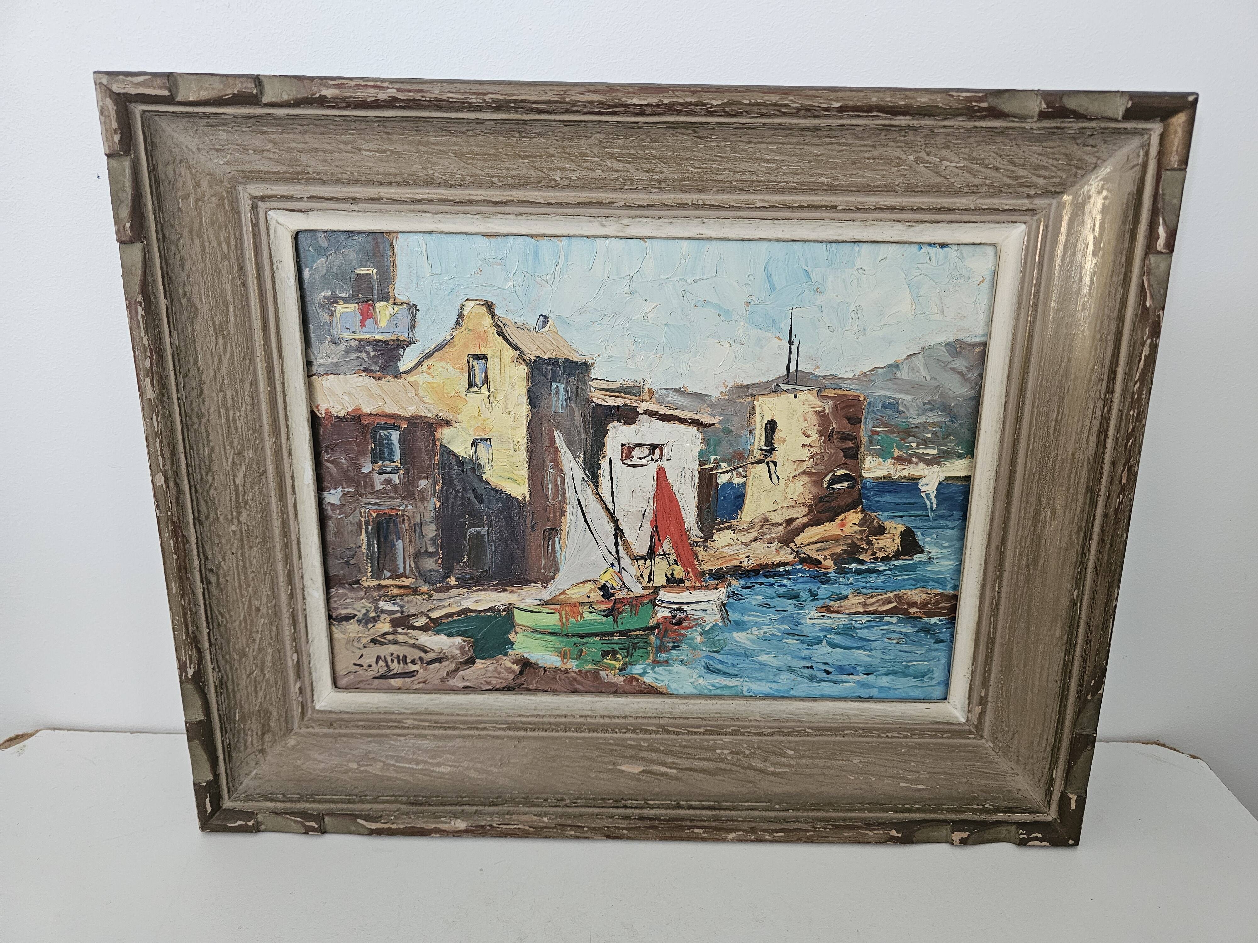 Oil Painting on Cardboard Saint Tropez - La Ponche signed Louis Millet - 60's