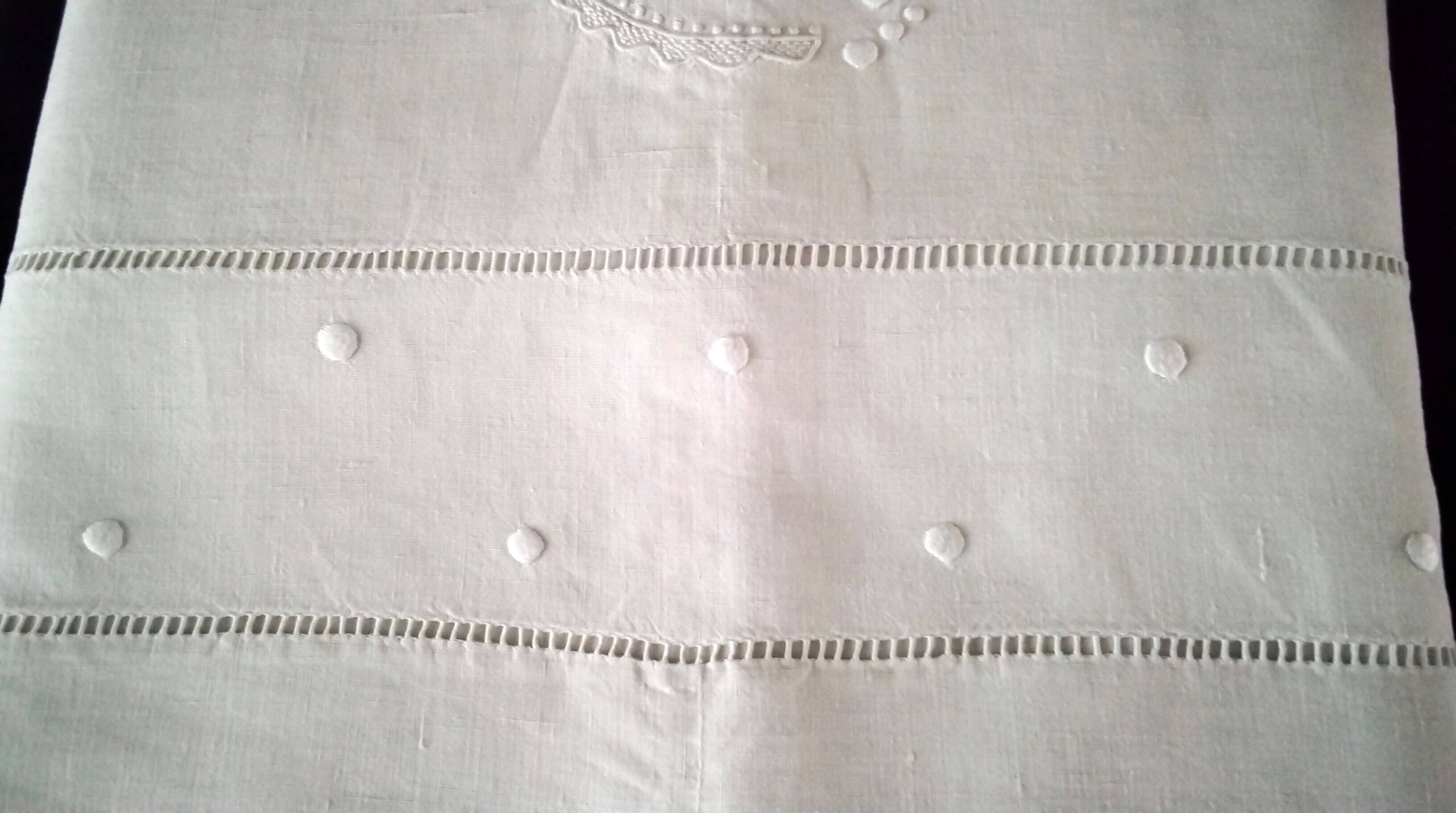 Vintage linen curtain monogrammed JB, embroidered with polka dots and ladder stitches on the return.