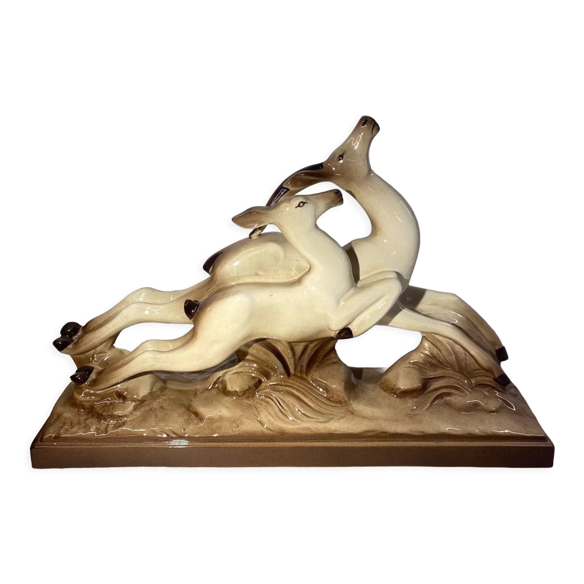 Ceramic deer and doe signed Lemanceau (1905-1980)