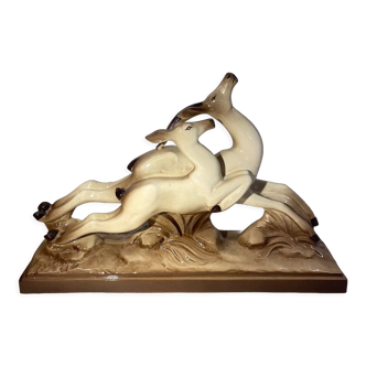 Ceramic deer and doe signed Lemanceau (1905-1980)