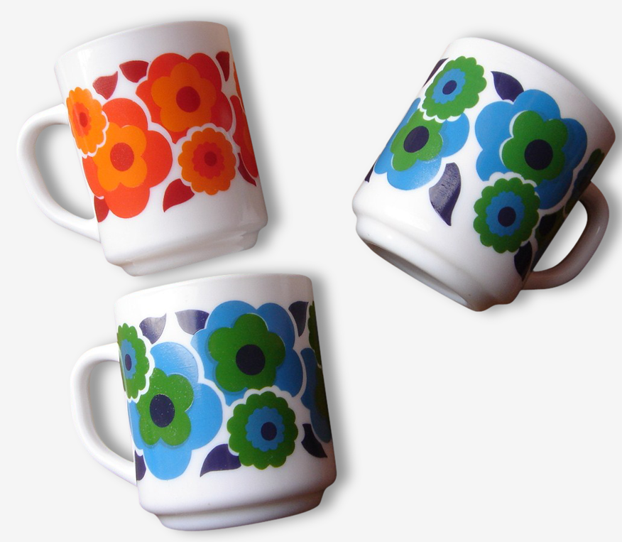 Lot Tasses à Thé Mugs | Vintage Seventies Grosses fleurs Arcopal | Bleu  Vert Rouge Orange | Selency