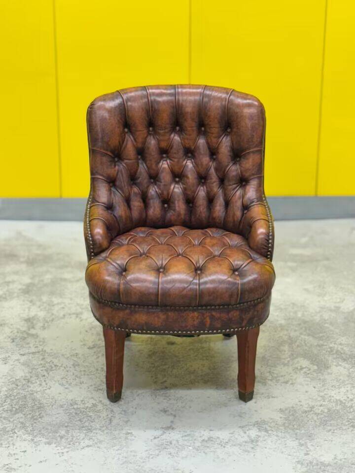 Original English Chesterfield Tub Chair - Vintage Antique Brown Leather