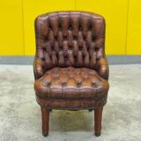 Original English Chesterfield Tub Chair - Vintage Antique Brown Leather