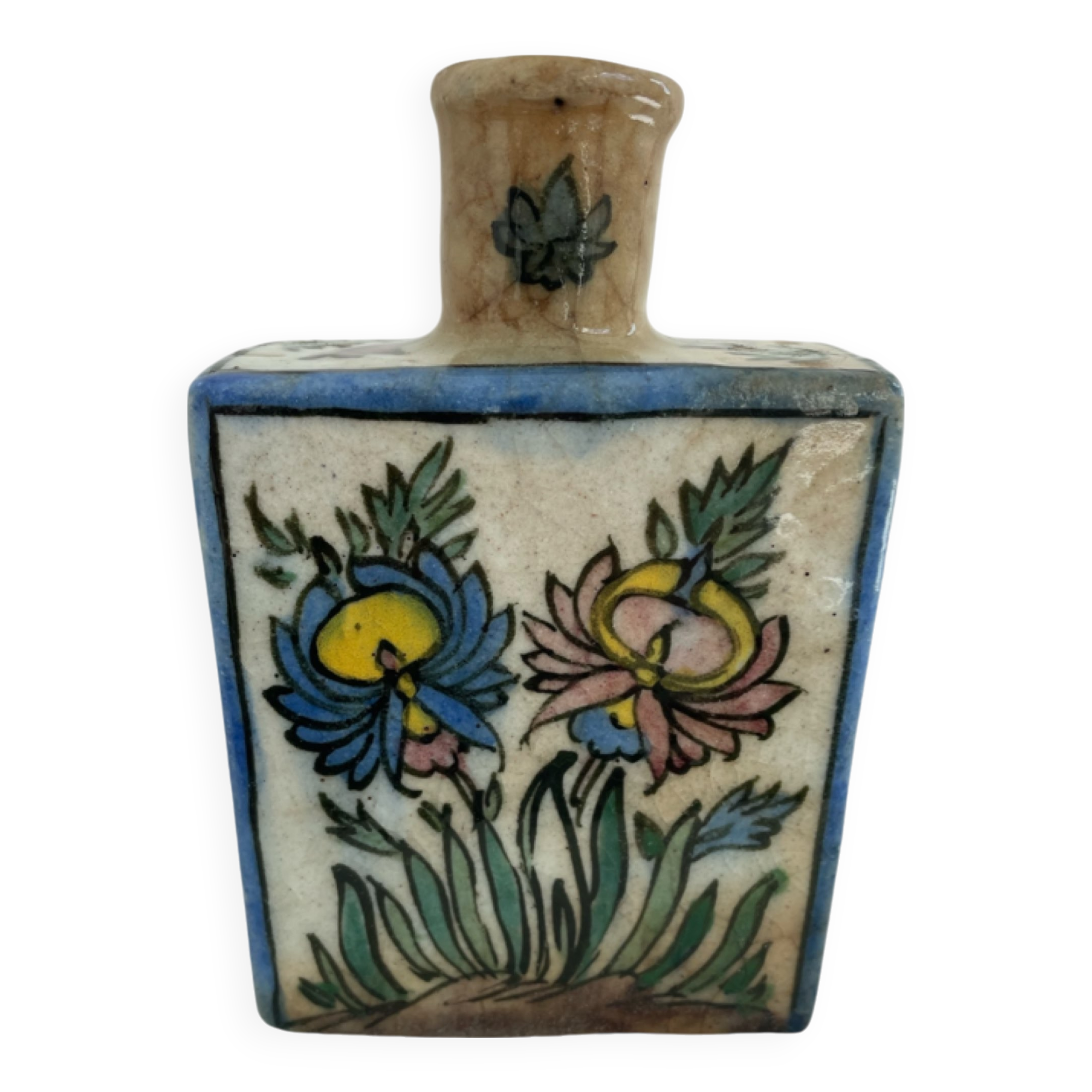Persian bottle, antique vase with polychrome flower decoration, Kagjar style, antique ceramic