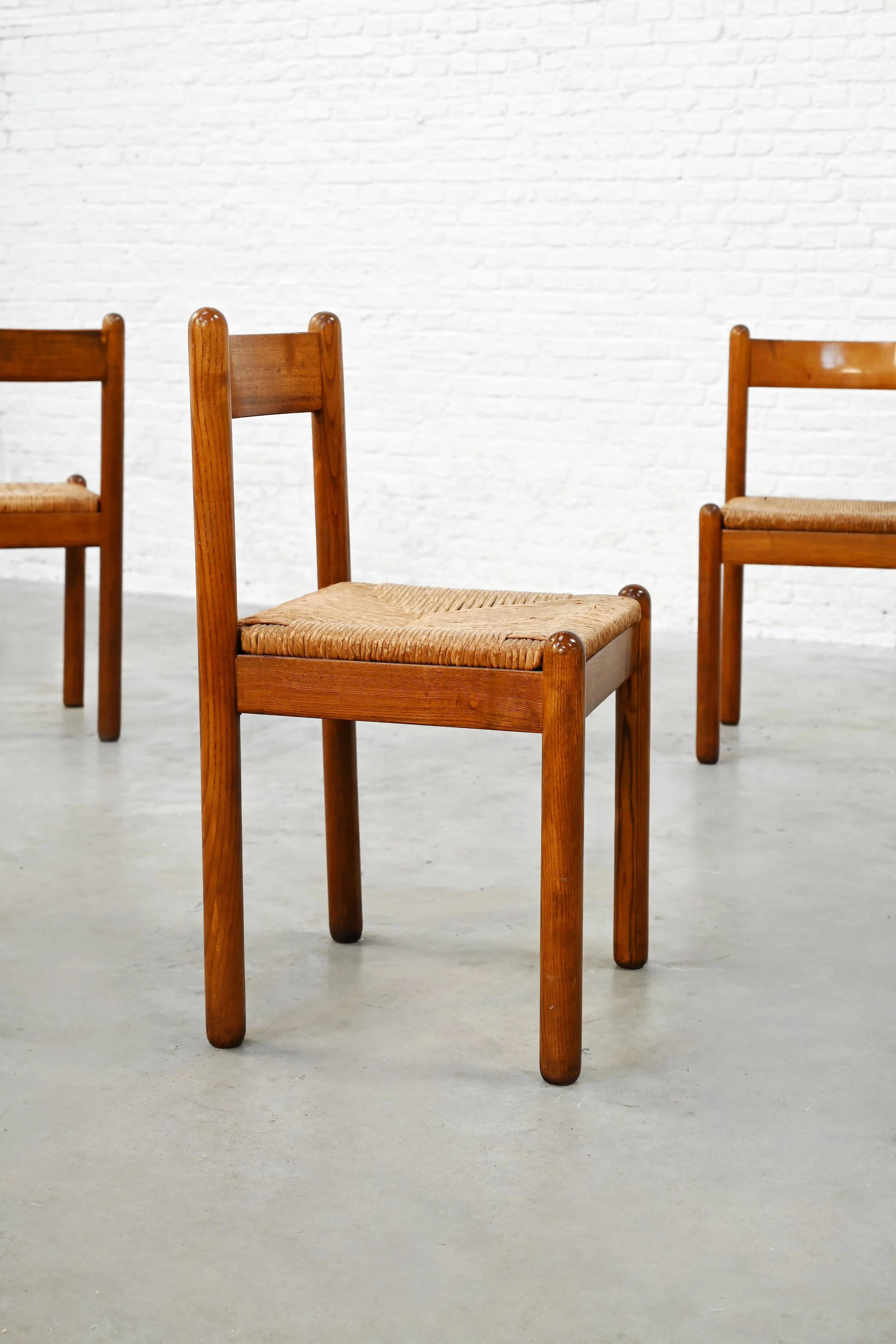 Set of six French oak dining chairs with rush seats, 1970s
