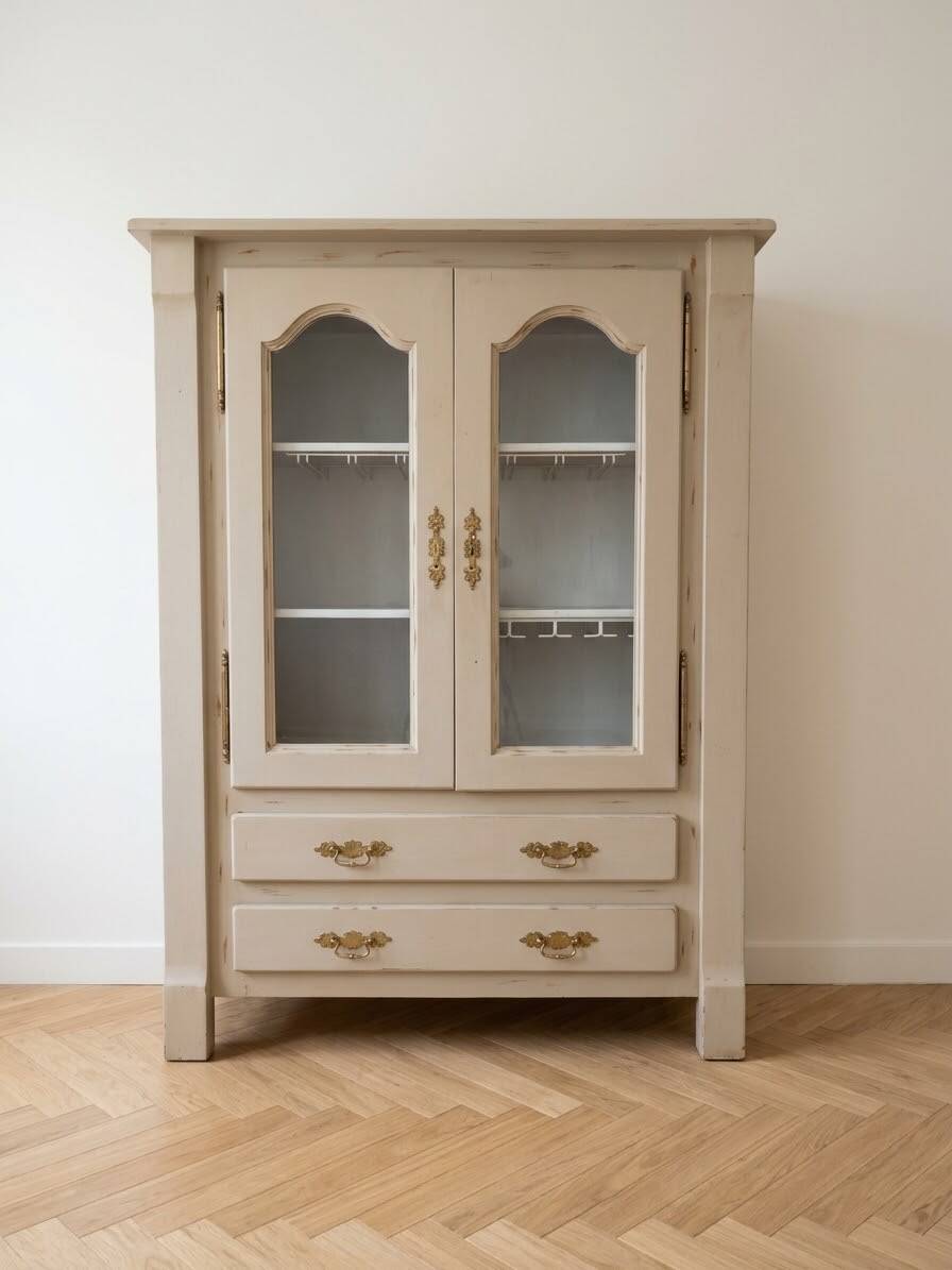 Antique beige wooden display cabinet with glass doors.