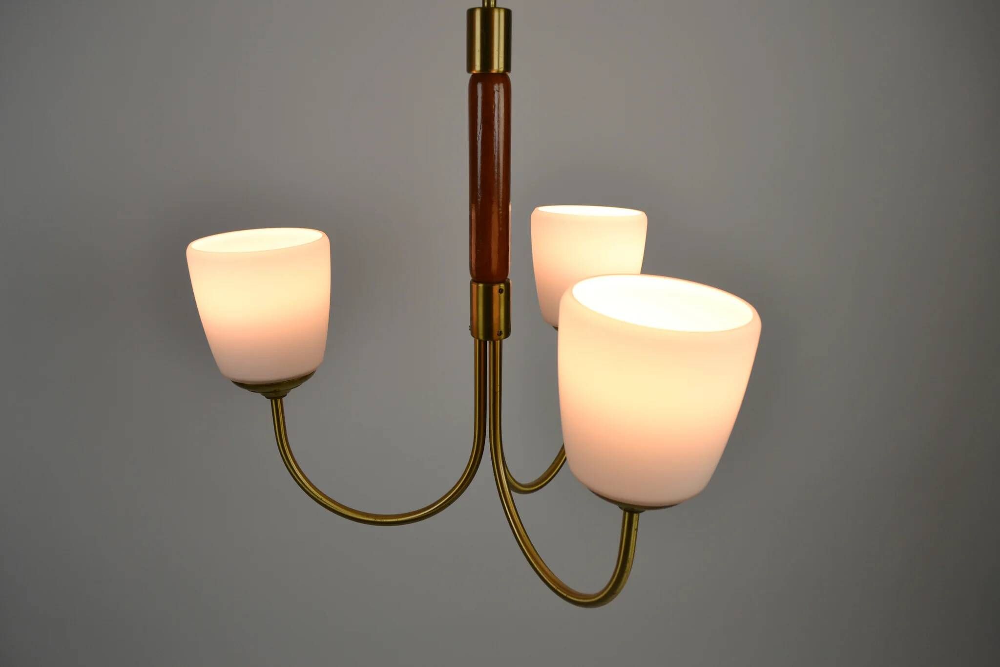 Scandinavian Modern Three-Light Pendant in Brass, Teak and Opaline Glass, 1960s