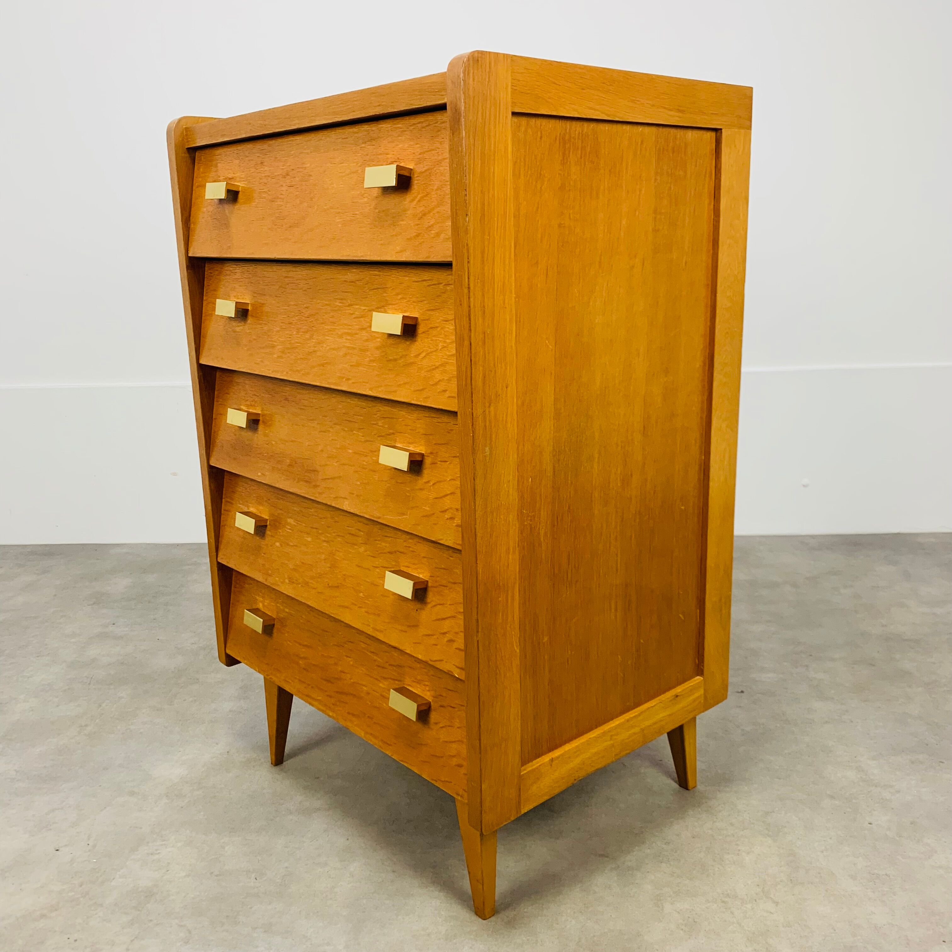 Commode chiffonnier pieds compas années 50 bois blond