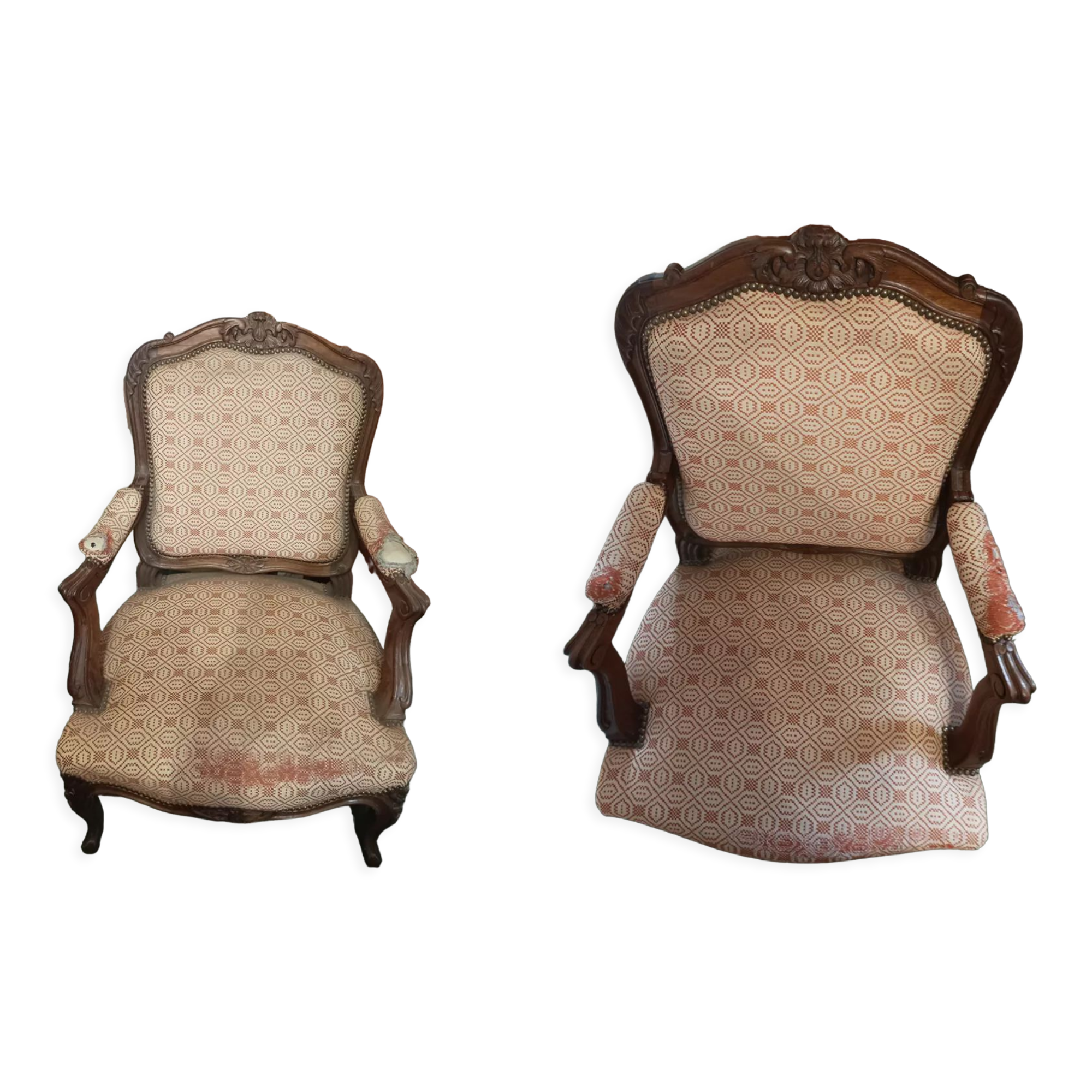 Set of 2 Louis XV style wooden and fabric armchairs