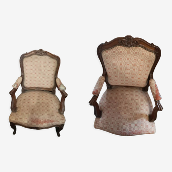 Lot de 2 fauteuils en bois et tissu style Louis XV