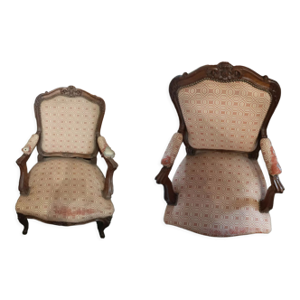 Set of 2 Louis XV style wooden and fabric armchairs