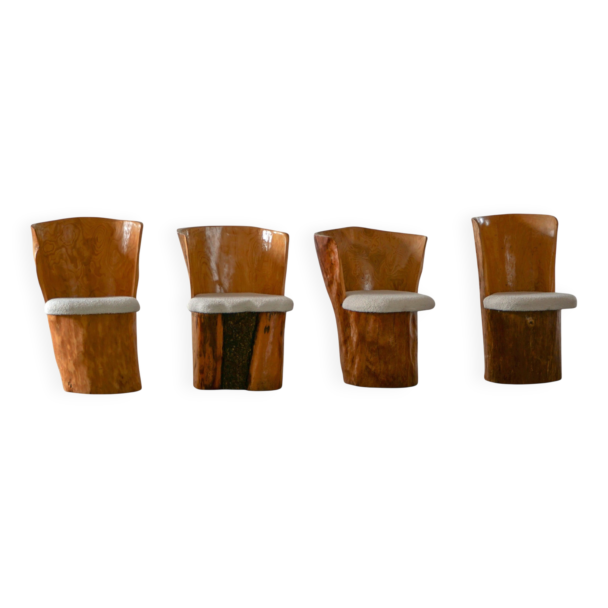 Swedish modernity, set of four stump chairs, solid Wood Wood with boucle seats, 1960s.