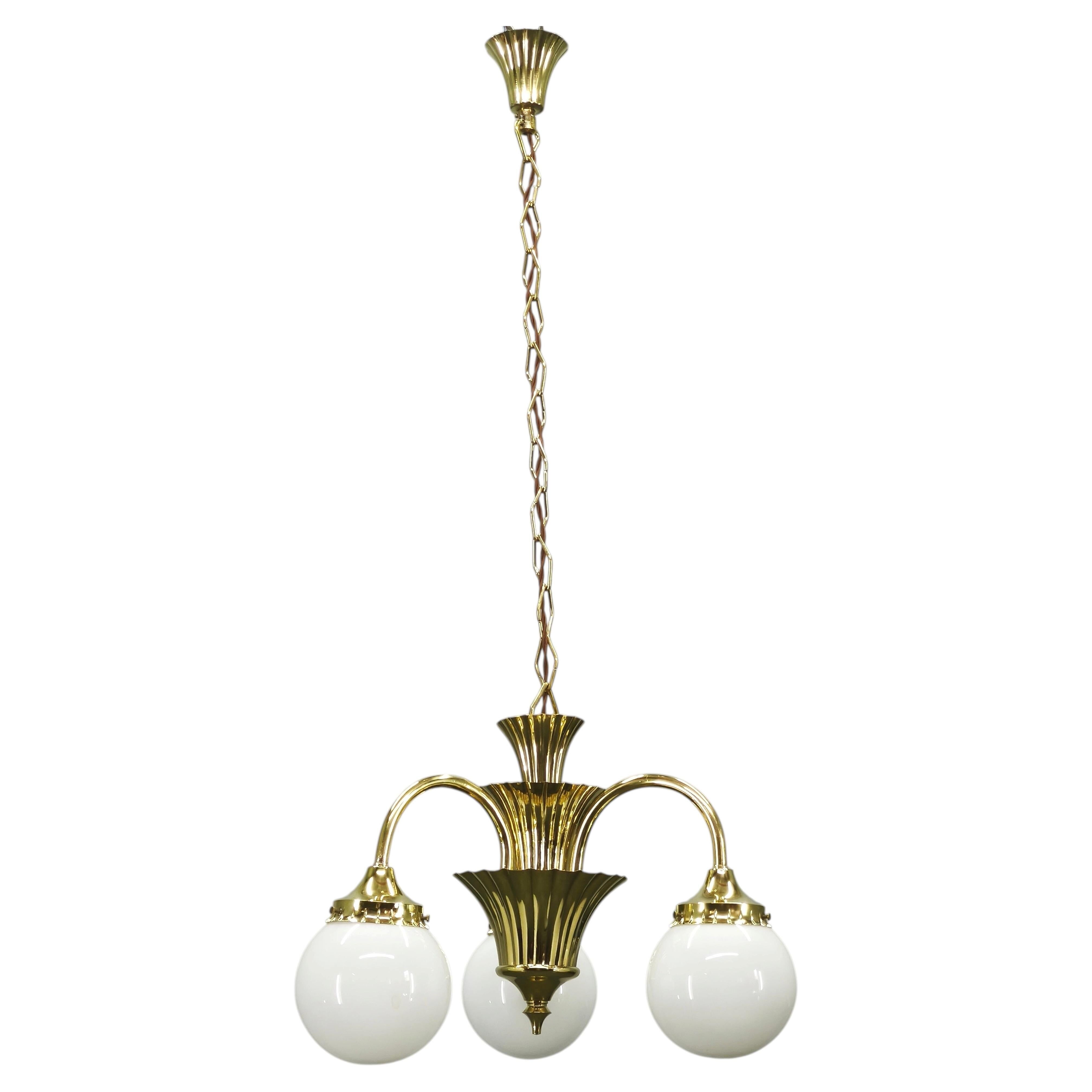 1930s Czechoslovak Art Deco Brass and Opaline Glass Chandelier