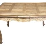 Walnut table, two extensions, parquet top, carved crosspiece