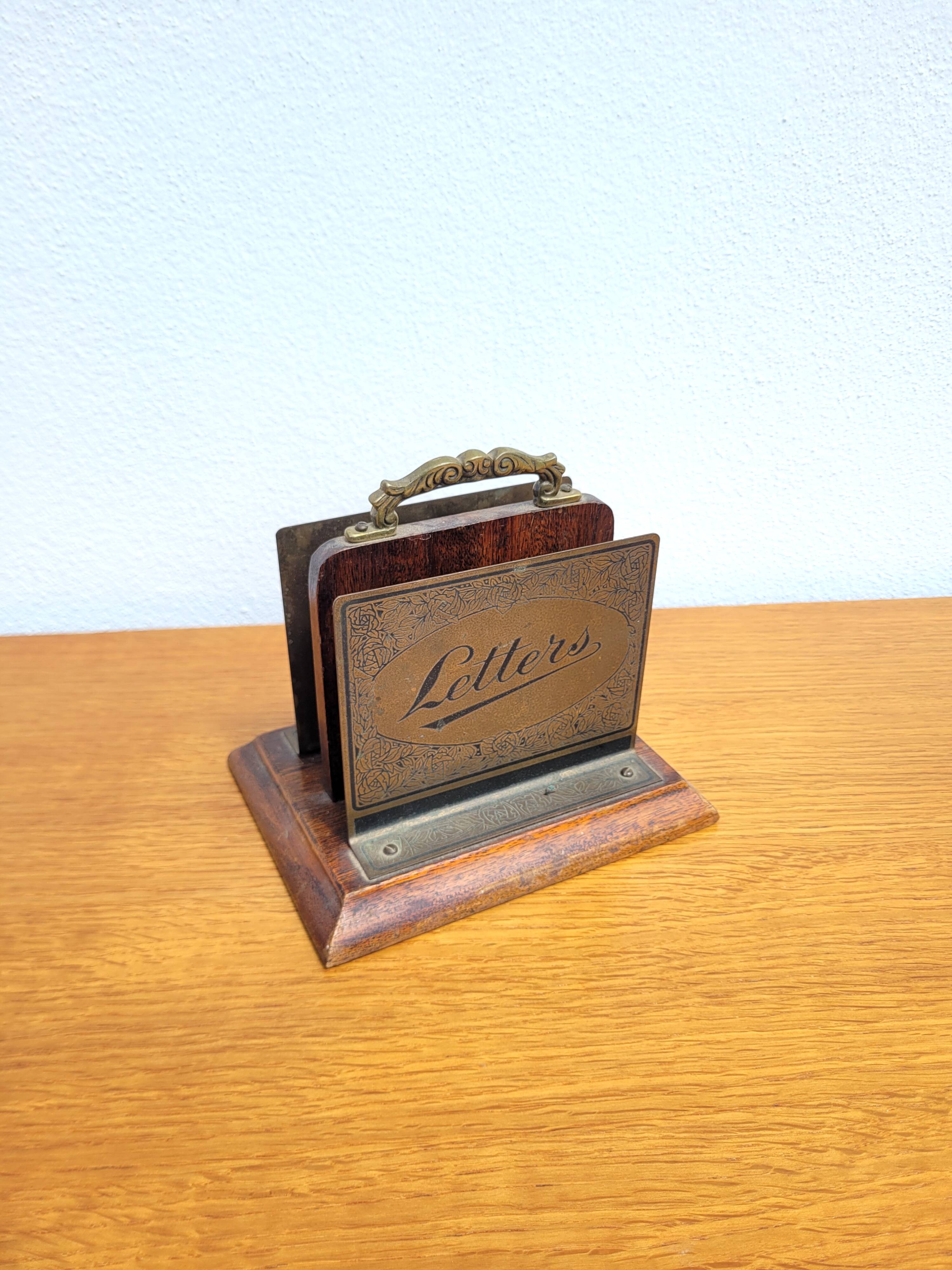 Vintage letter holder in wood and brass