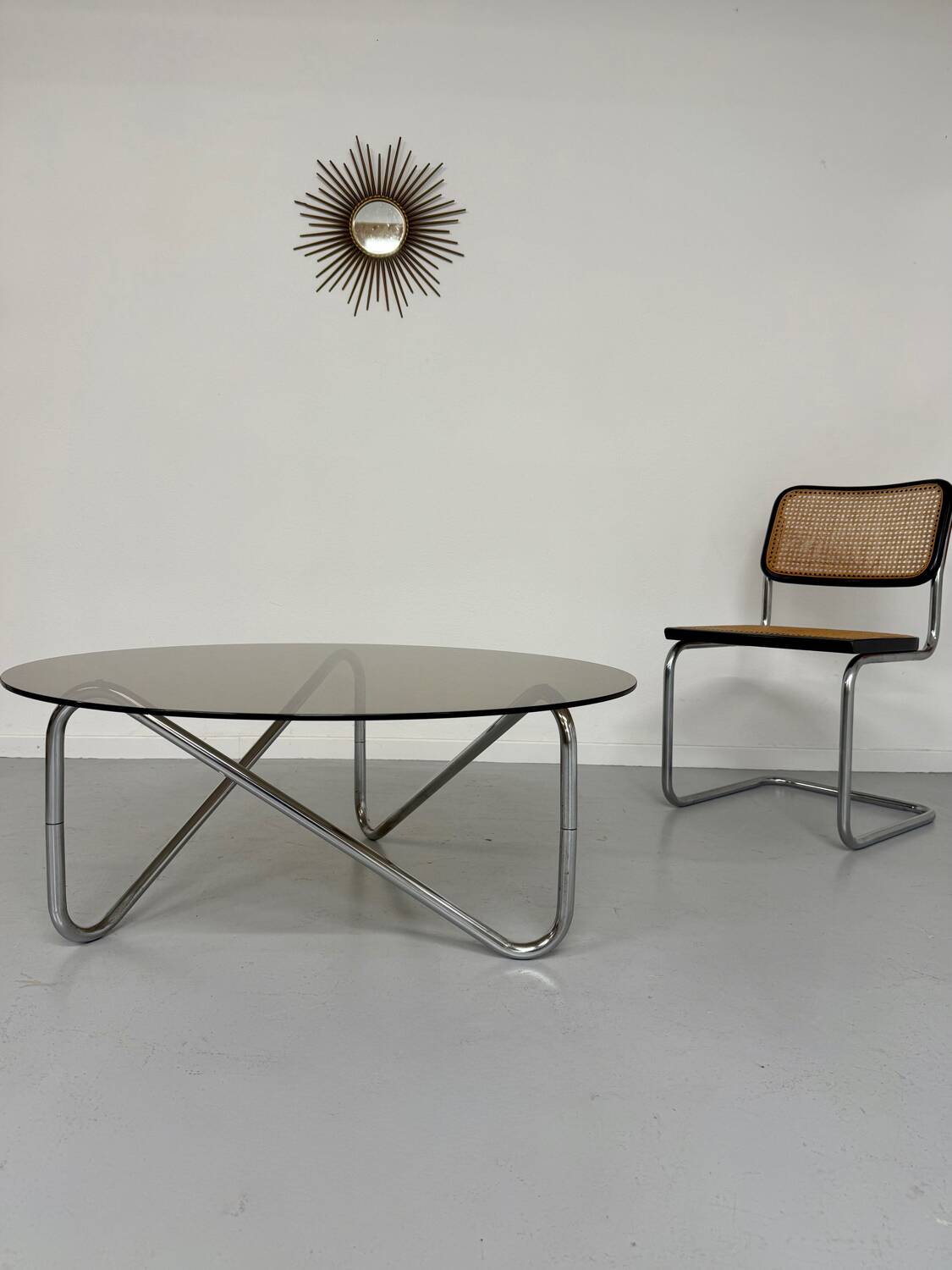 Tubular coffee table and smoked glass, French design, vintage 60s