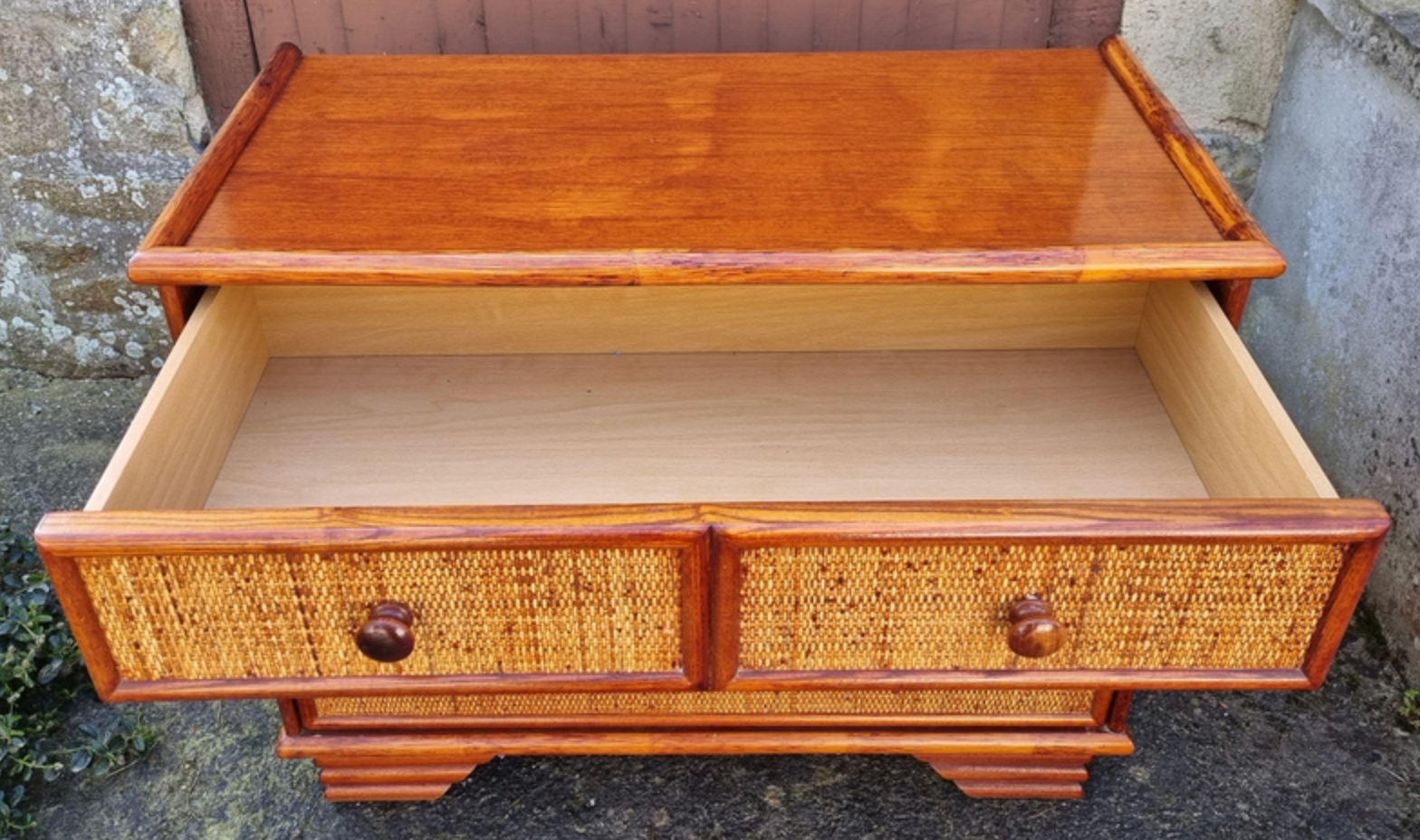 Commode Maugrion for Roche Bobois, wood and rattan, 80s