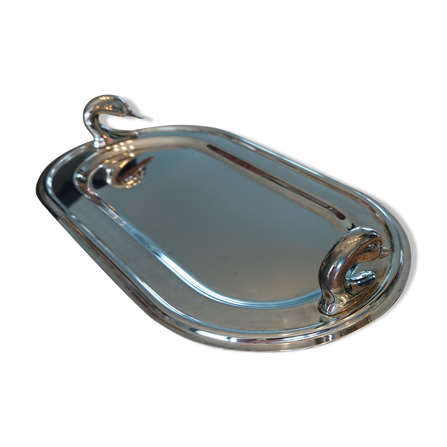 Silver metal tray, swan handles